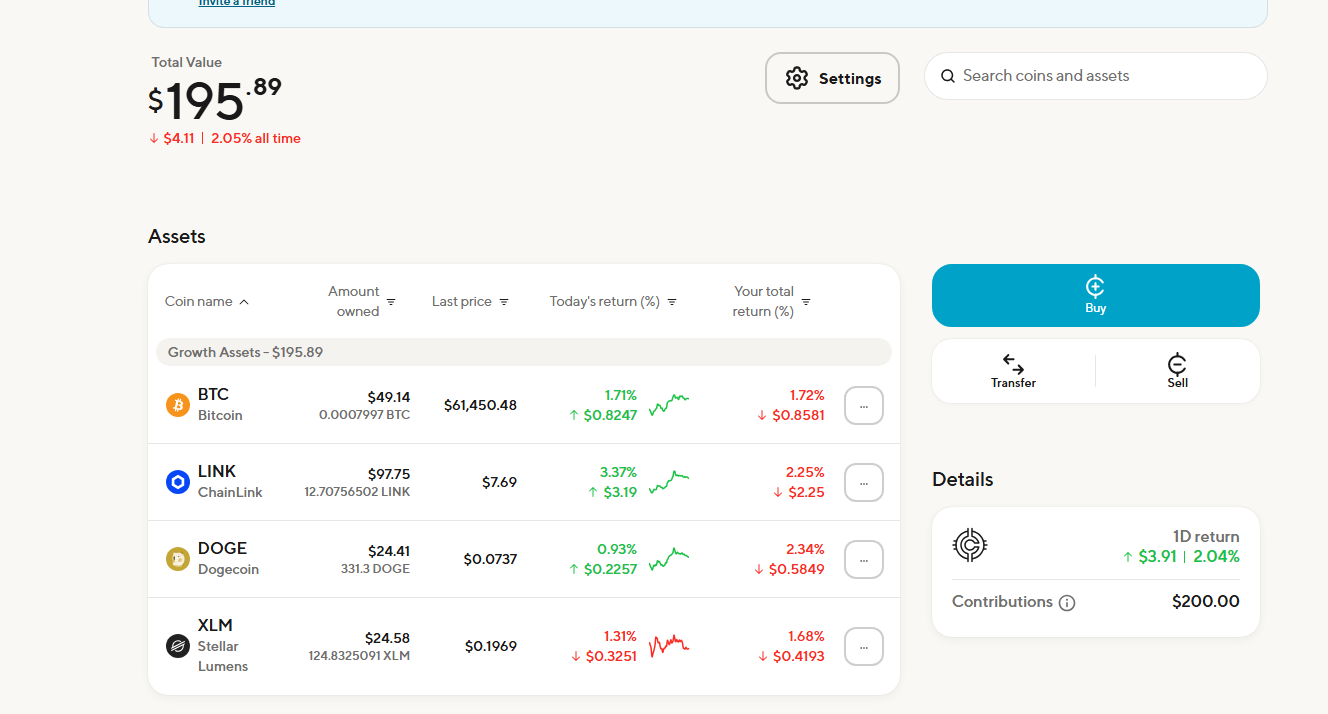 Week 1 Crypto Portfolio Screenshot